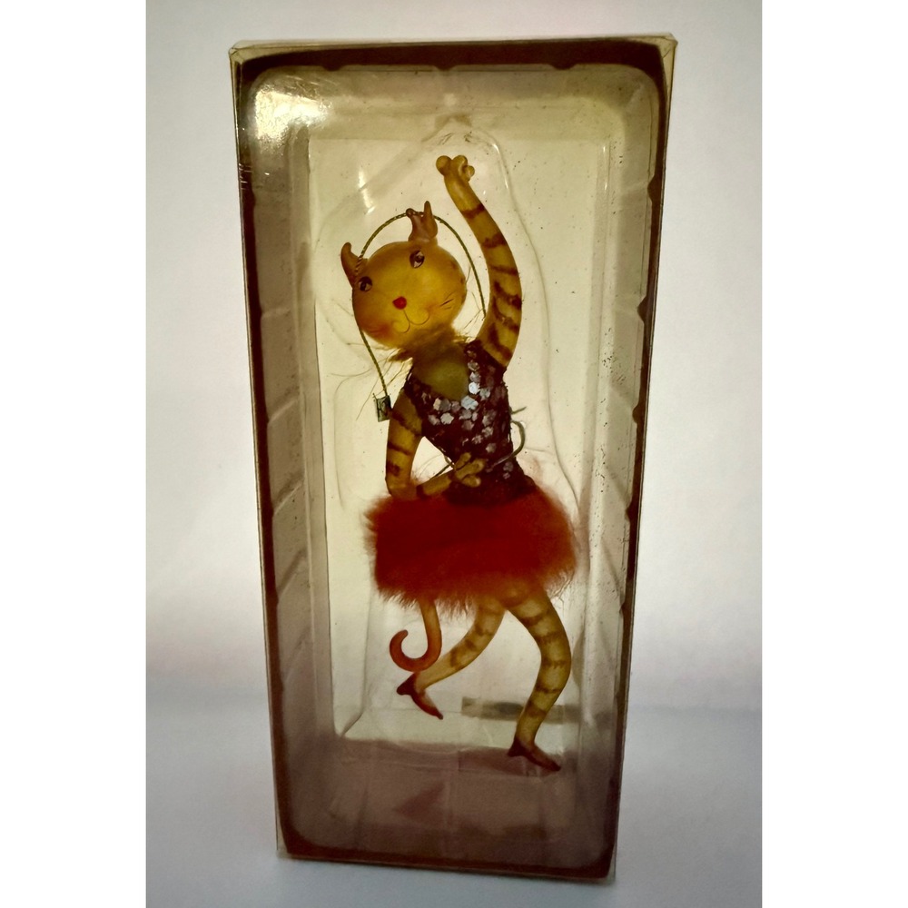 Kitschy Orange Tabby Cat Ballerina Glass Holiday Ornament NIB